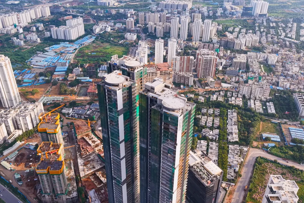 Aerial footage of high-rise towers under construction, filmed by Elvera