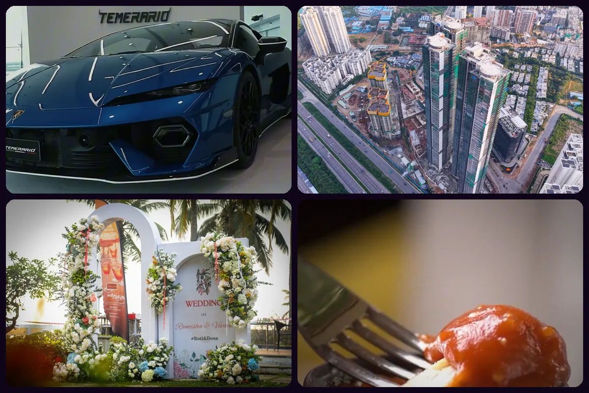 A selection of Elvera shoots: Lamborghini showroom, aerial construction footage, wedding décor and food styling